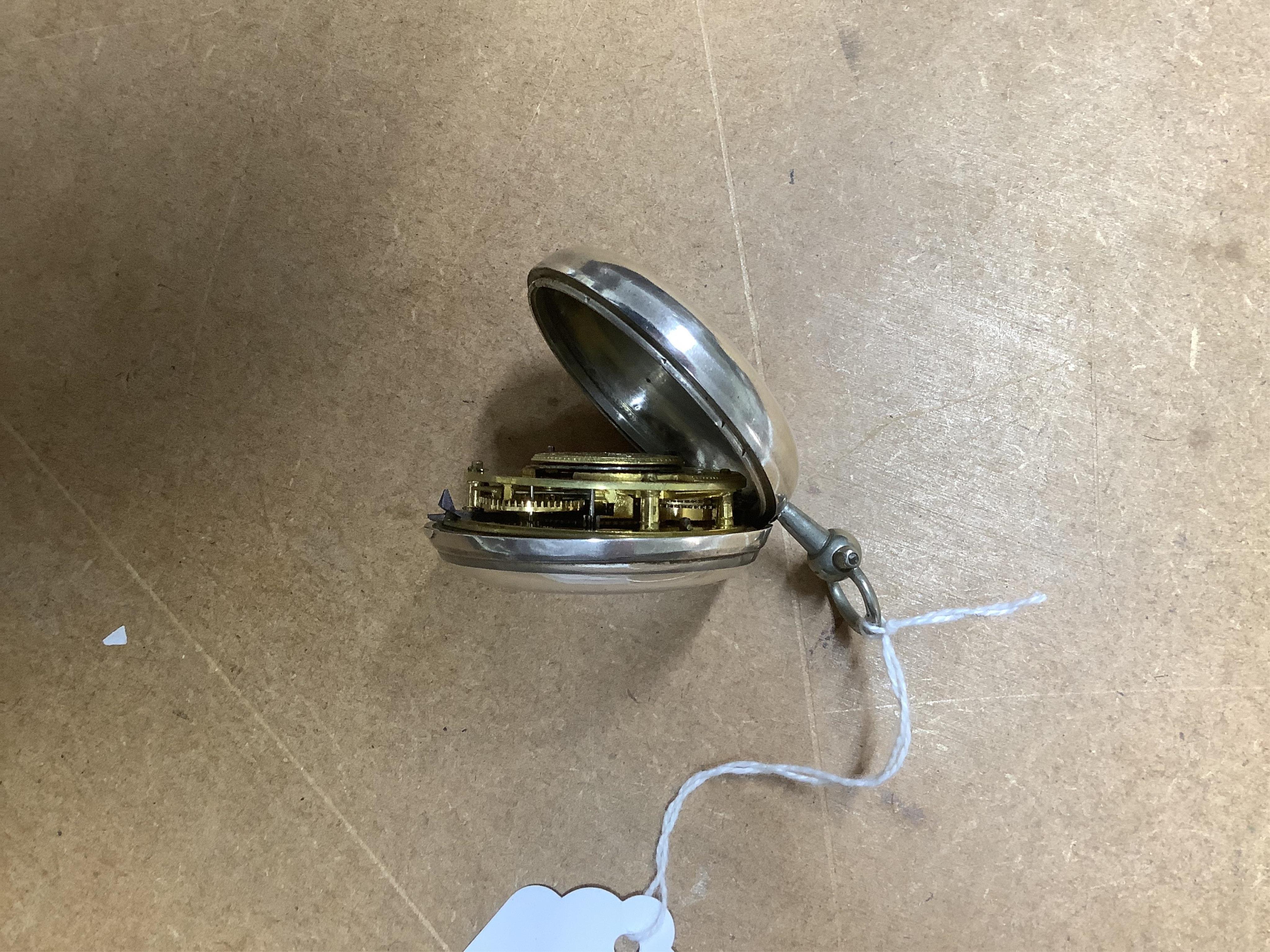 A George III silver pair cased verge pocket watch, by Philip Moses of Falmouth, with Roman dial, the signed movement numbered 70514, case diameter 56mm.